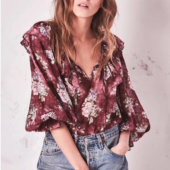 LOVESHACKFANCY Merryl Top Ruffle Blouse Romantic Saddle Red {UU24} - Picture 4 of 5